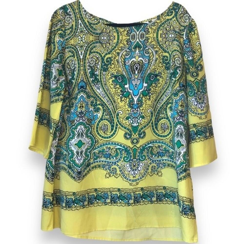 New York & Company Vibrant Yellow and Blue Paisley Print Tunic Top - Size XL